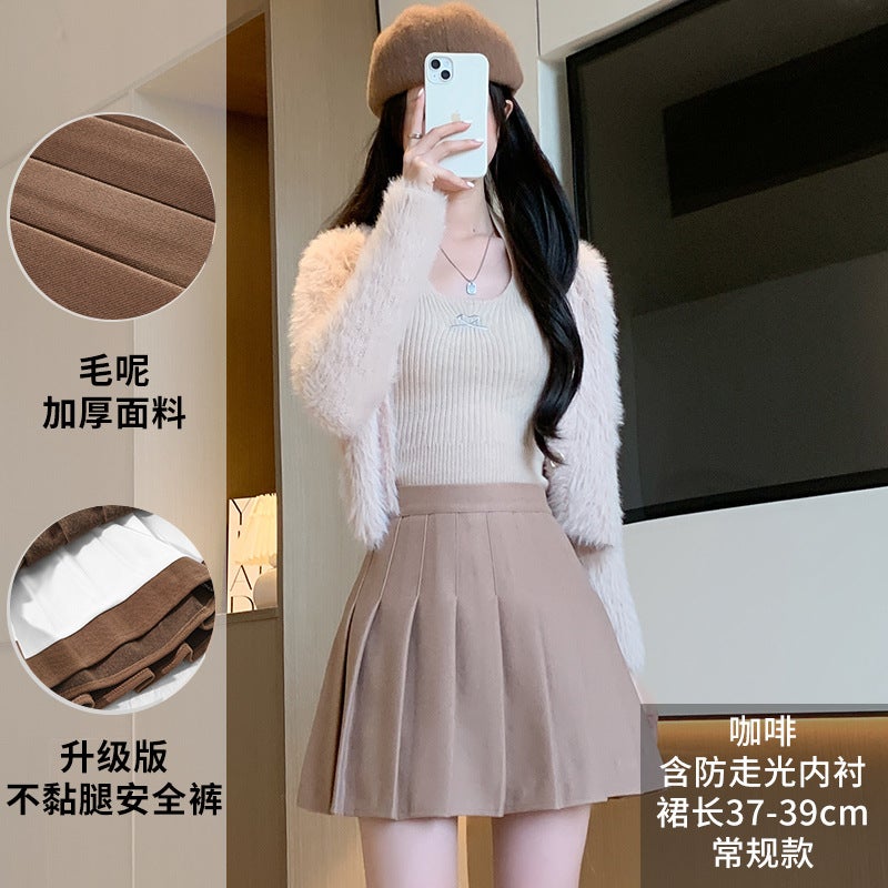 Pleated Skirt Womens Autumn and Winter New Thickened Woolen Short Skirt High Waist Korean Style A- line Slim Fit Slimming plus size Skirt Coffee