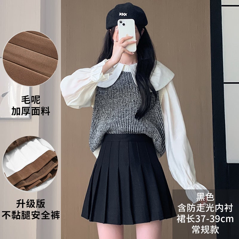 Pleated Skirt Womens Autumn and Winter New Thickened Woolen Short Skirt High Waist Korean Style A- line Slim Fit Slimming plus size Skirt Coffee