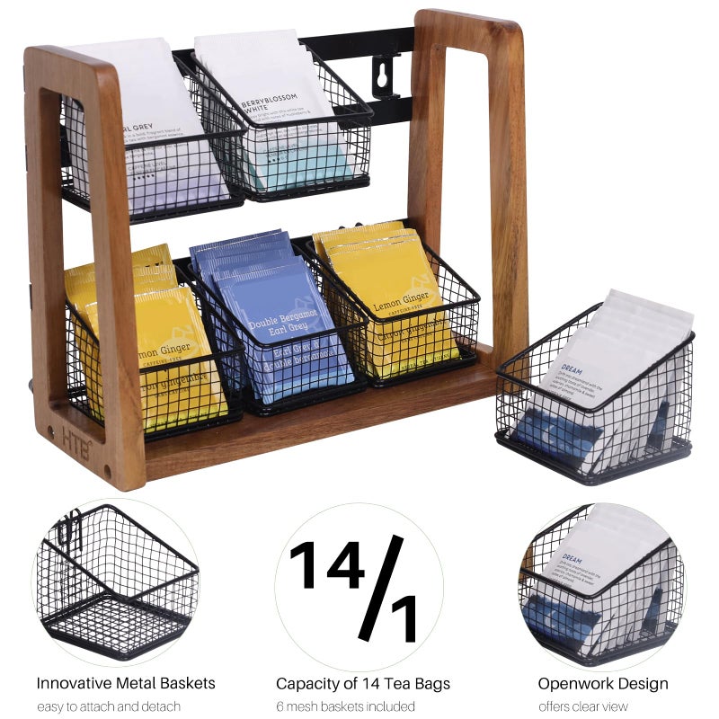 HTB 2 Tier Tea Organizer for Tea Bags, Tea Bag Holder with Acacia Wood Stand and 6 Removable Metal Basket for Sugar Packets, Sweeteners, Creamers for Cabinet, Countertop or Wall-mounted - Image 4