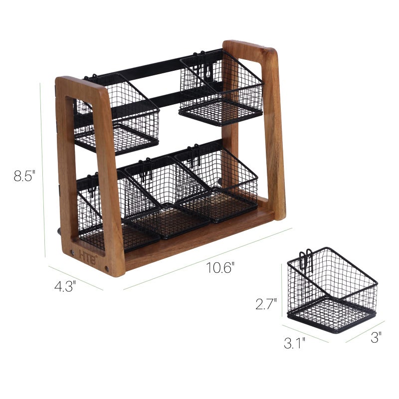 HTB 2 Tier Tea Organizer for Tea Bags, Tea Bag Holder with Acacia Wood Stand and 6 Removable Metal Basket for Sugar Packets, Sweeteners, Creamers for Cabinet, Countertop or Wall-mounted - Image 2