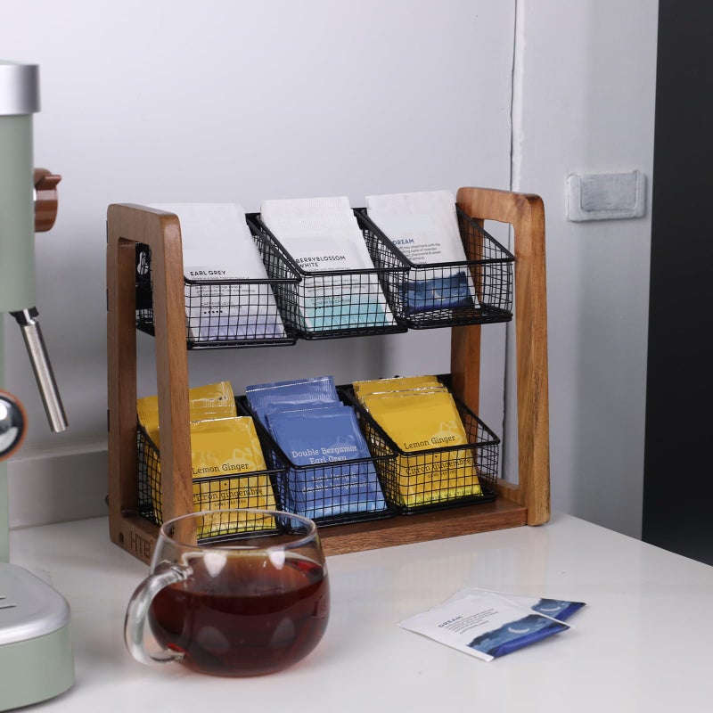 HTB 2 Tier Tea Organizer for Tea Bags, Tea Bag Holder with Acacia Wood Stand and 6 Removable Metal Basket for Sugar Packets, Sweeteners, Creamers for Cabinet, Countertop or Wall-mounted - Image 5