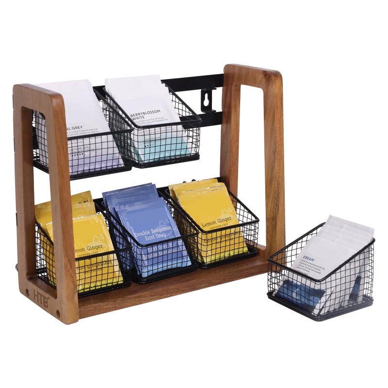 HTB 2 Tier Tea Organizer for Tea Bags, Tea Bag Holder with Acacia Wood Stand and 6 Removable Metal Basket for Sugar Packets, Sweeteners, Creamers for Cabinet, Countertop or Wall-mounted - Image 1
