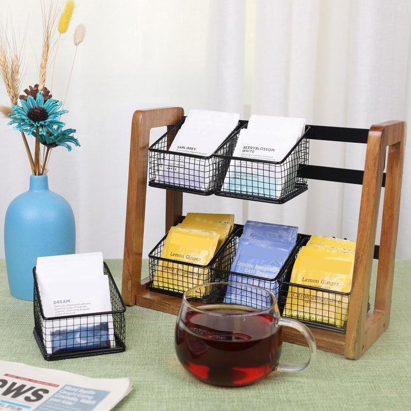 HTB 2 Tier Tea Organizer for Tea Bags, Tea Bag Holder with Acacia Wood Stand and 6 Removable Metal Basket for Sugar Packets, Sweeteners, Creamers for Cabinet, Countertop or Wall-mounted - Image 3