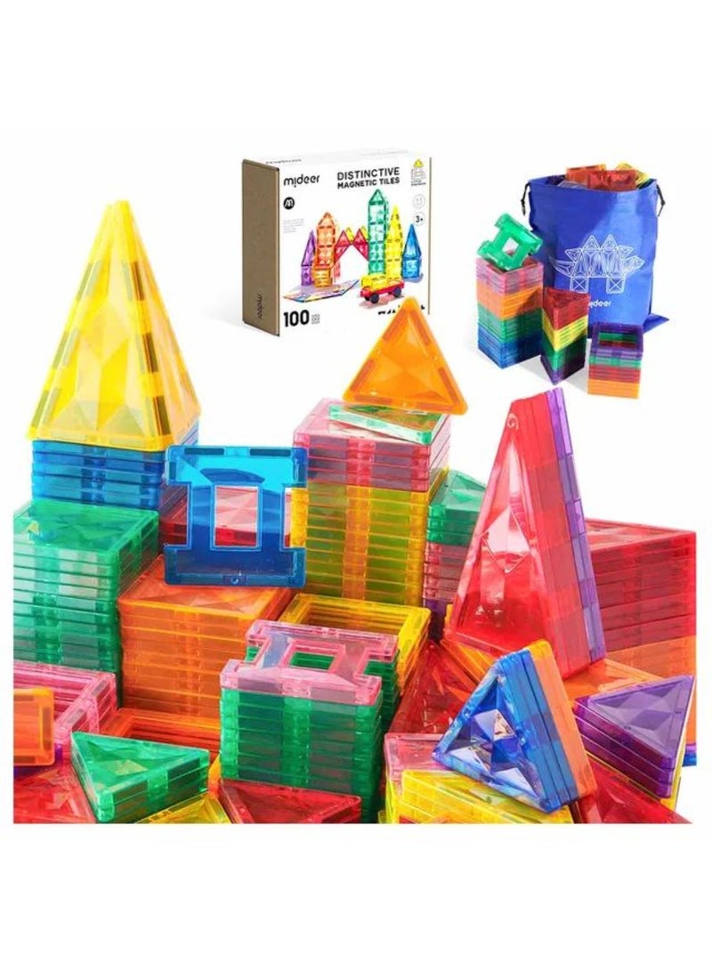 MiDeer Colorful Magnetic Tiles – 100 PCS Distinctive Edition | Oversized 75mm Magnetic Building Blocks for Kids | Strong 8-Point Magnets, Translucent Colors, Safe & Durable | STEM Toy with Storage Bag | Ages 3+ - Image 2