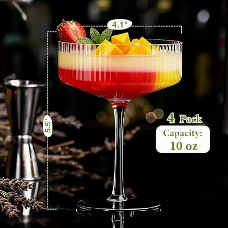 عربست طقم من 4 كؤوس كوب مقصوصة ذات نتوءات، 10 أونصات، كأس مارتيني عتيق كبير، كأس مارغريتا فريد، كرة كوكتيل كلاسيكية، طقم كؤوس بار مقصوصة للاستخدام مع الكوكتيل، النبيذ، الشمبانيا، الإسبريسو، وهدية - Image 4