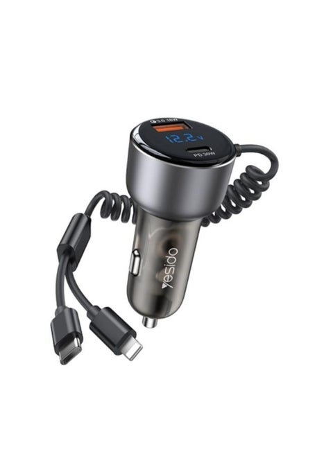 شاحن سيارة سريع Yesido Y58 ثنائي المنافذ PD + QC3.0 بقوة 60 واط، مزود بمنفذ USB-C / Type-C وكابل زنبركي 8 دبابيس