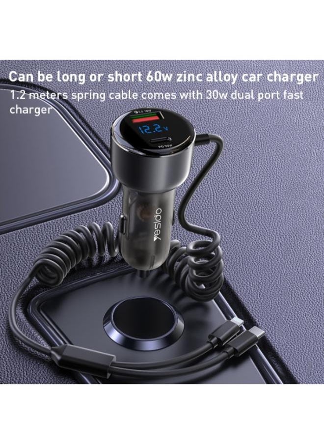 شاحن سيارة سريع Yesido Y58 ثنائي المنافذ PD + QC3.0 بقوة 60 واط، مزود بمنفذ USB-C / Type-C وكابل زنبركي 8 دبابيس