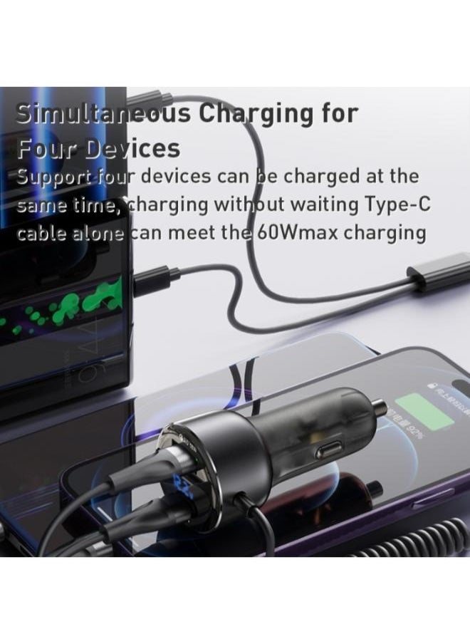 شاحن سيارة سريع Yesido Y58 ثنائي المنافذ PD + QC3.0 بقوة 60 واط، مزود بمنفذ USB-C / Type-C وكابل زنبركي 8 دبابيس
