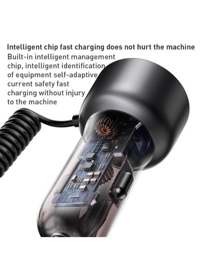 شاحن سيارة سريع Yesido Y58 ثنائي المنافذ PD + QC3.0 بقوة 60 واط، مزود بمنفذ USB-C / Type-C وكابل زنبركي 8 دبابيس
