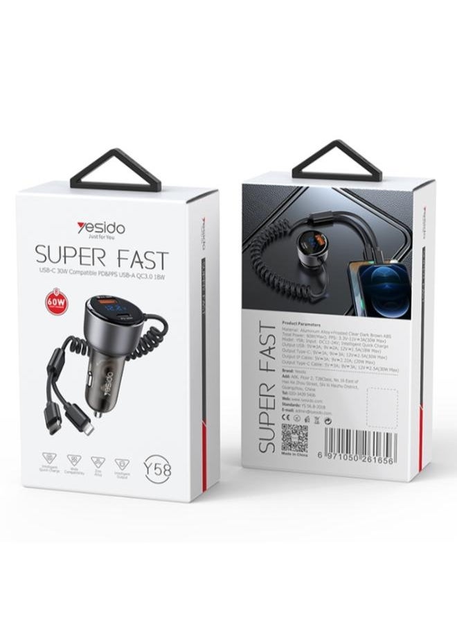 شاحن سيارة سريع Yesido Y58 ثنائي المنافذ PD + QC3.0 بقوة 60 واط، مزود بمنفذ USB-C / Type-C وكابل زنبركي 8 دبابيس