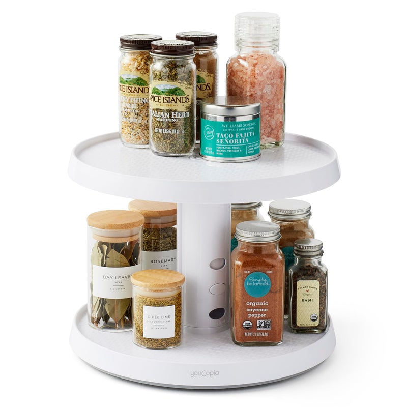 YouCopia Crazy Susan TwoTier Turntable HeightAdjustable Lazy Susan Organizer for Kitchen Cabinet and Pantry Organization and Storage White