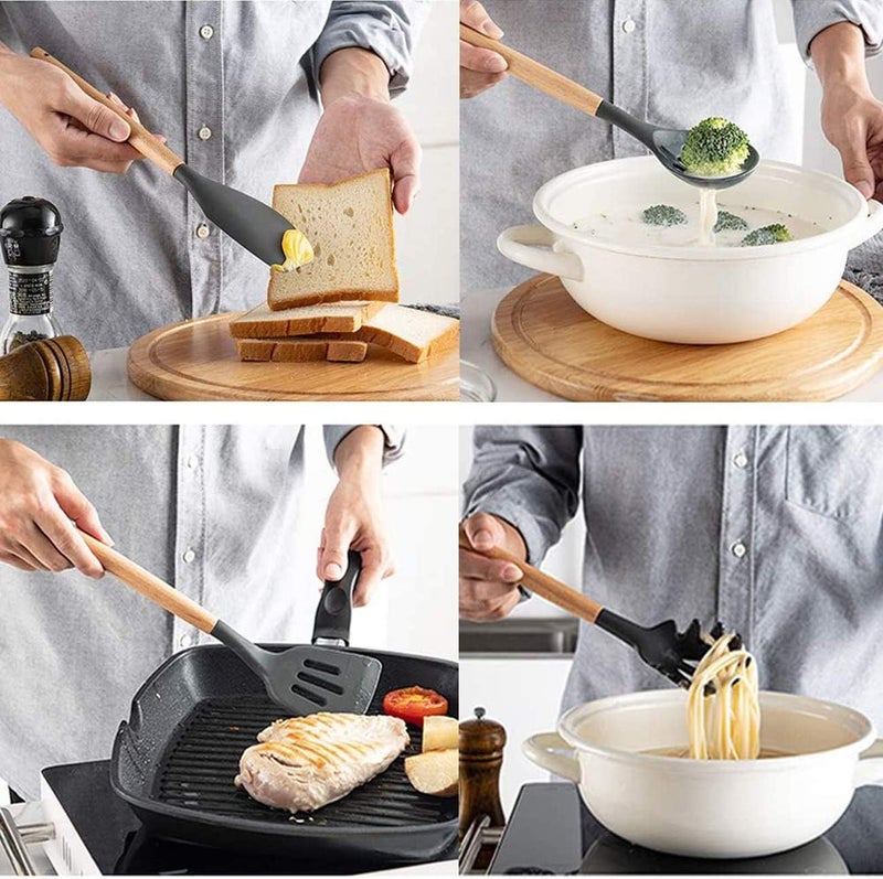 KEIDASON 12 Pcs Silicone Cooking Utensils Kitchen Utensil Set - Wooden Handles Cooking Tools Turner Tongs Spatulas Spoon for nonstick Cookware with Bamboo Holder (Black) - Image 5
