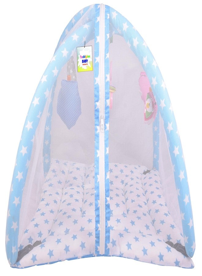 Toddylon Flat Bed Baby Play Gym New Born Baby Bedding|Mat with Hanging Toys|Mattress with Mosquito Net|Cotton Playing Mat|Playmats & Floor Gyms (0-6 Months),1 Count,Blue - Image 1