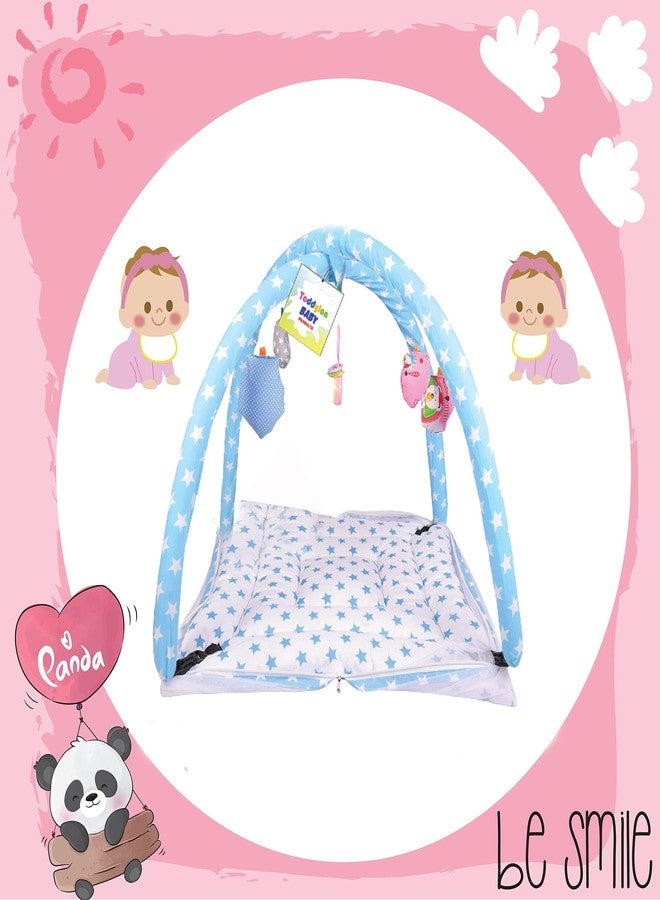 Toddylon Flat Bed Baby Play Gym New Born Baby Bedding|Mat with Hanging Toys|Mattress with Mosquito Net|Cotton Playing Mat|Playmats & Floor Gyms (0-6 Months),1 Count,Blue - Image 4