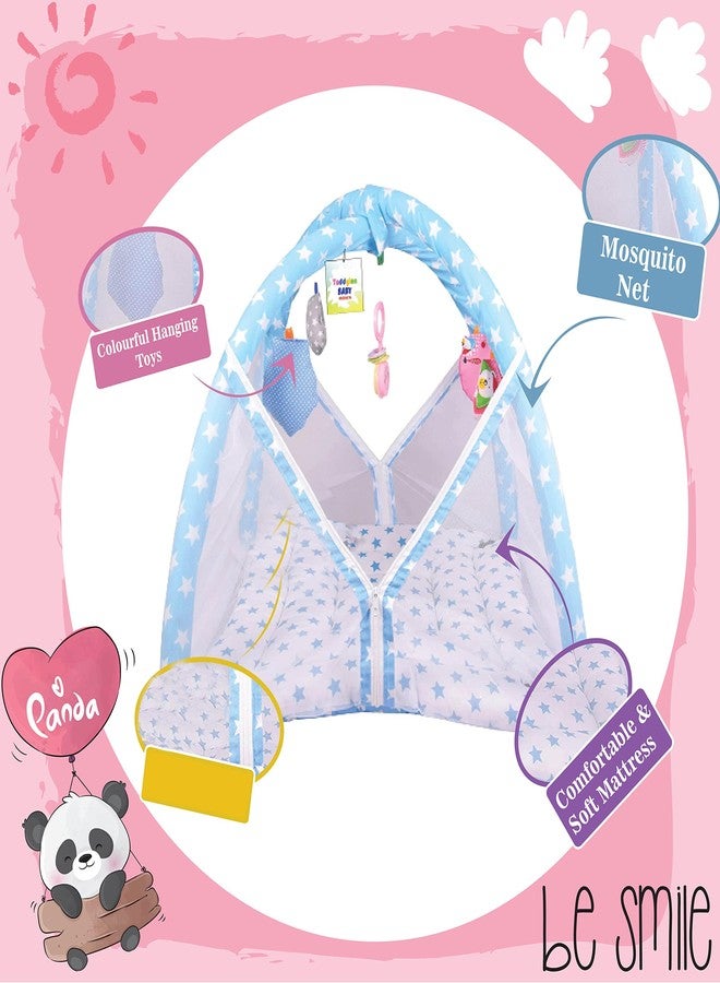 Toddylon Flat Bed Baby Play Gym New Born Baby Bedding|Mat with Hanging Toys|Mattress with Mosquito Net|Cotton Playing Mat|Playmats & Floor Gyms (0-6 Months),1 Count,Blue - Image 2