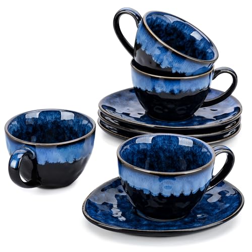 vancasso Starry Cup and Saucer Set Ceramic Coffee Cup Set for 4 People 270 ml Afternoon Tea Cup Set Espresso Cup Cappuccino Cup Suitable for All Kinds of Drinks Blue