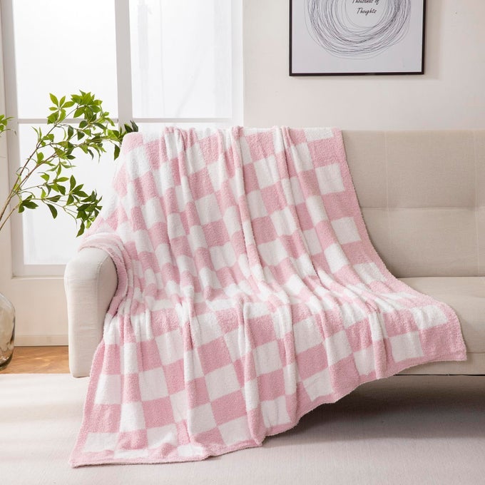 THROW BLANKET CHECKERED CHESSBOARD FLUFFY FUZZY WARMER COMFORT REVERSIBLE SUPER SOFT COZY FOR HOME DECOR BED COUCH SOFA LIVING ROOM PINK 51X63