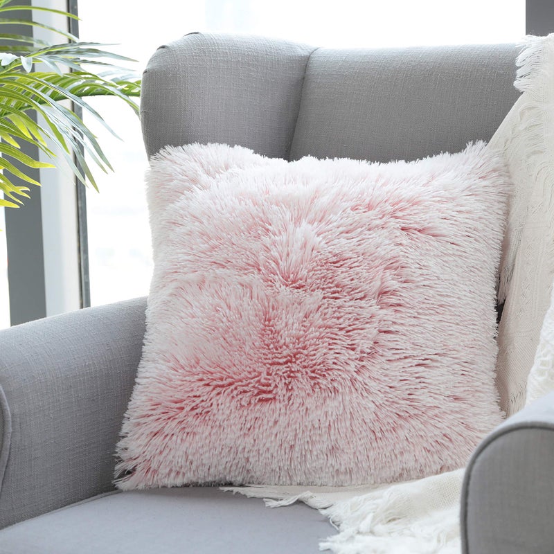 Uhomy Fluffy Accent Pillows Cover 18x18 Soft Pink Ombre Faux Fur Throw Pillow Case Modern Luxury Decorative Square Cushion Cover for Farmhouse Home Decor for SofaBedChair 45x45cm Single