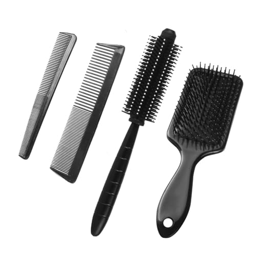 GITGRNTH 4-Piece Black Hair Brush and Comb Set – Detangling Paddle Brush, Round Brush, Fine & Wide Tooth Combs – Styling Kit for All Hair Types, Women, Men & Kids (4 Comb Set) - Image 1