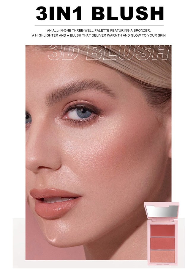Julystar - 3D Blush Trio Palette-3 Colors Matte Shimmer Piece Multi Purpose Blusher, Facial Highlighter Contour Makeup Palette - Image 1