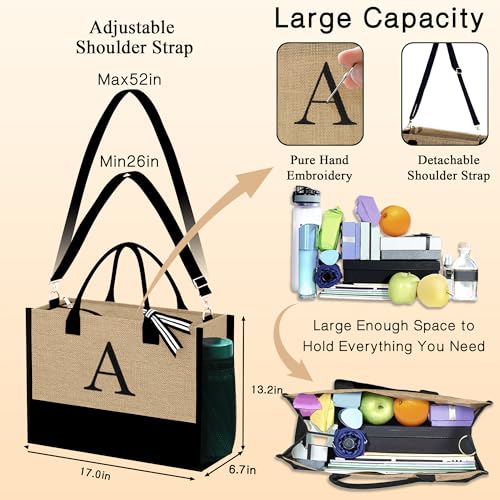 YOOLIFE Tote Bag for Women, Teacher Gifts for Womens Her Birthday Beach Bag Tote Makeup Bags Gift for Teacher Female Girlfriend Wedding Bridesmaid Thank You Gift, Personalized Gifts for Women Letter T - Image 3