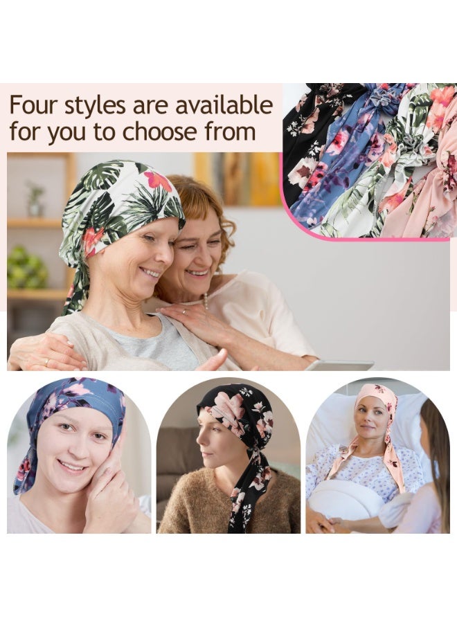 Women's Pre-Tied Floral Head Scarves, 4-Pack Polyester Chemo Caps with Elastic Band - Image 5
