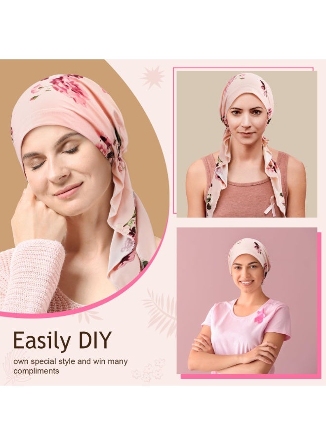 Women's Pre-Tied Floral Head Scarves, 4-Pack Polyester Chemo Caps with Elastic Band - Image 4