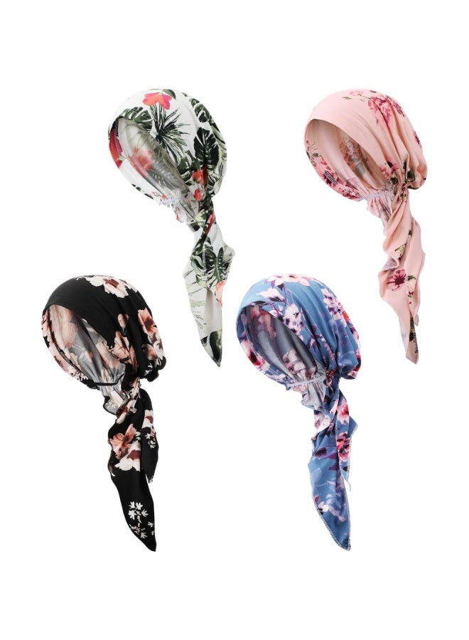 Women's Pre-Tied Floral Head Scarves, 4-Pack Polyester Chemo Caps with Elastic Band - Image 1