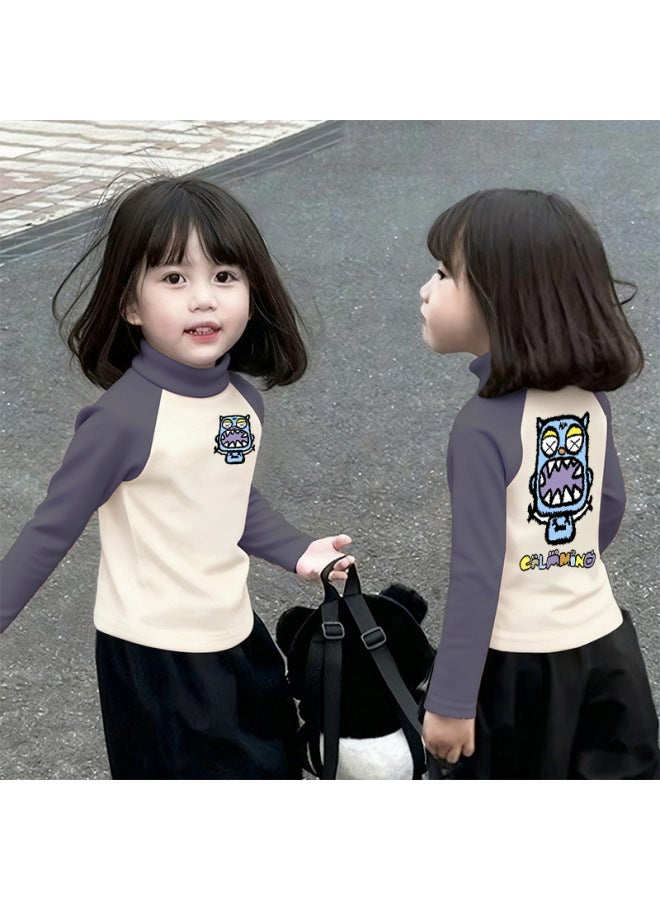 Girls' Thermal Base Layer Top Autumn And Winternew Style For Older Children, Half Turtleneck, Warm Inner Layer, Color-blocking Long Sleeves