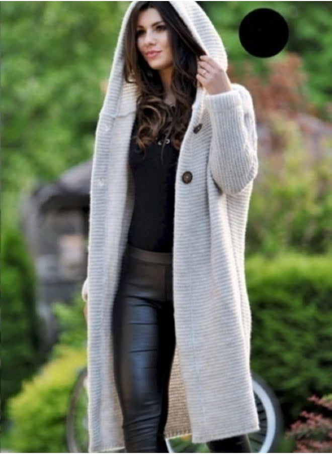 NIBEMINENT - Solid Hooded Button Front Cardigan, Casual Long Sleeve Cardigan For Fall & Winter, Women's Clothing - Image 1