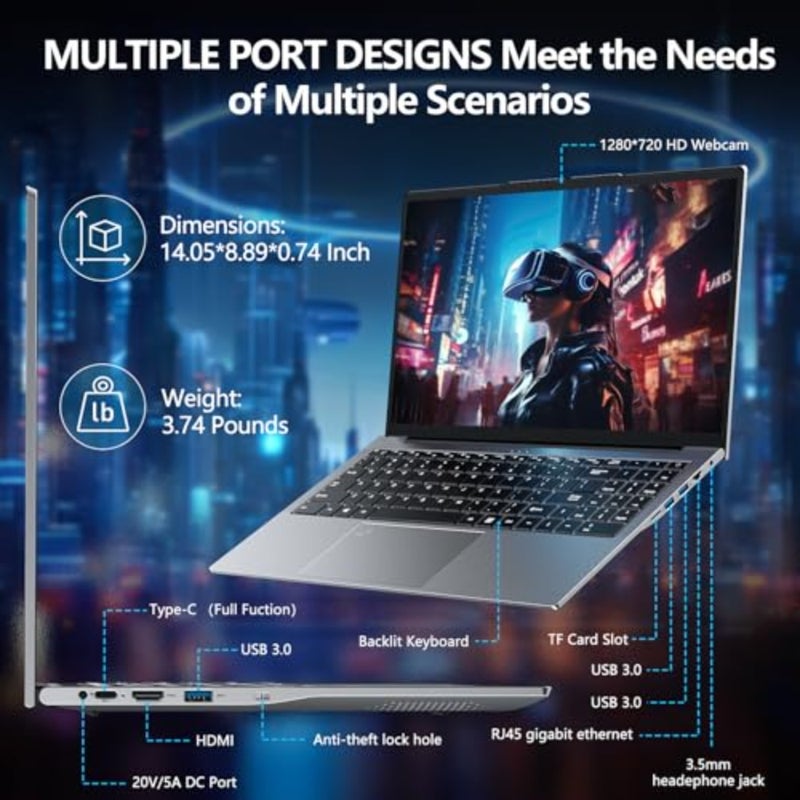 كمبيوتر محمول للألعاب، كمبيوتر محمول Window 11 Pro، كمبيوتر محمول 15.6 بوصة لاب توب 2026، ذاكرة وصول عشوائي 16 جيجابايت 1 تيرابايت SSD، معالج 8C/16T يصل إلى 4.9 جيجا هرتز، رسومات UHD، شاشة FHD 1920*1080، WiFi 6، BT5.2، لوحة مفاتيح بإضاءة خلفية - Image 4