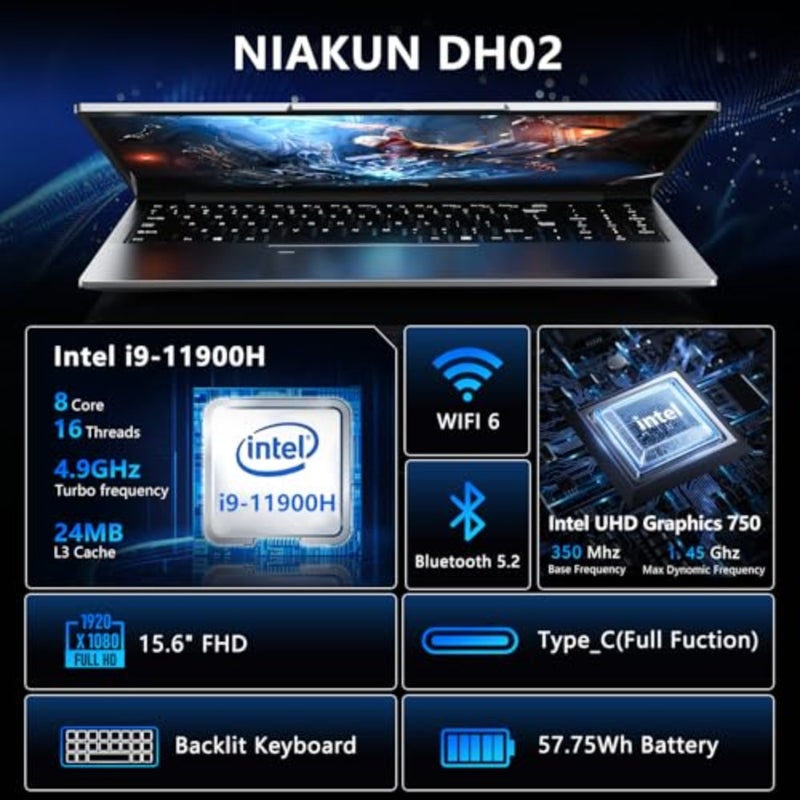 كمبيوتر محمول للألعاب، كمبيوتر محمول Window 11 Pro، كمبيوتر محمول 15.6 بوصة لاب توب 2026، ذاكرة وصول عشوائي 16 جيجابايت 1 تيرابايت SSD، معالج 8C/16T يصل إلى 4.9 جيجا هرتز، رسومات UHD، شاشة FHD 1920*1080، WiFi 6، BT5.2، لوحة مفاتيح بإضاءة خلفية - Image 2