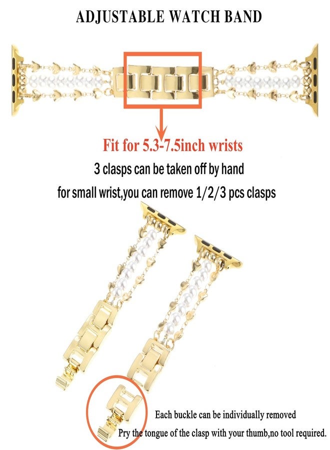 YONWORTH Pearl Beaded Band Compatible with Apple Watch Bands 38/40/41mm Women,Dressy Jewelry Wristband Stylish Cute Strap Love Heart Shape Chain for iWatch Series 9 8 7 6 5 4 3 2 SE(38MM,Gold) - Image 3