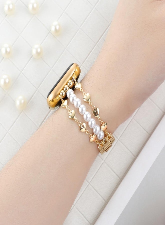 YONWORTH Pearl Beaded Band Compatible with Apple Watch Bands 38/40/41mm Women,Dressy Jewelry Wristband Stylish Cute Strap Love Heart Shape Chain for iWatch Series 9 8 7 6 5 4 3 2 SE(38MM,Gold) - Image 2