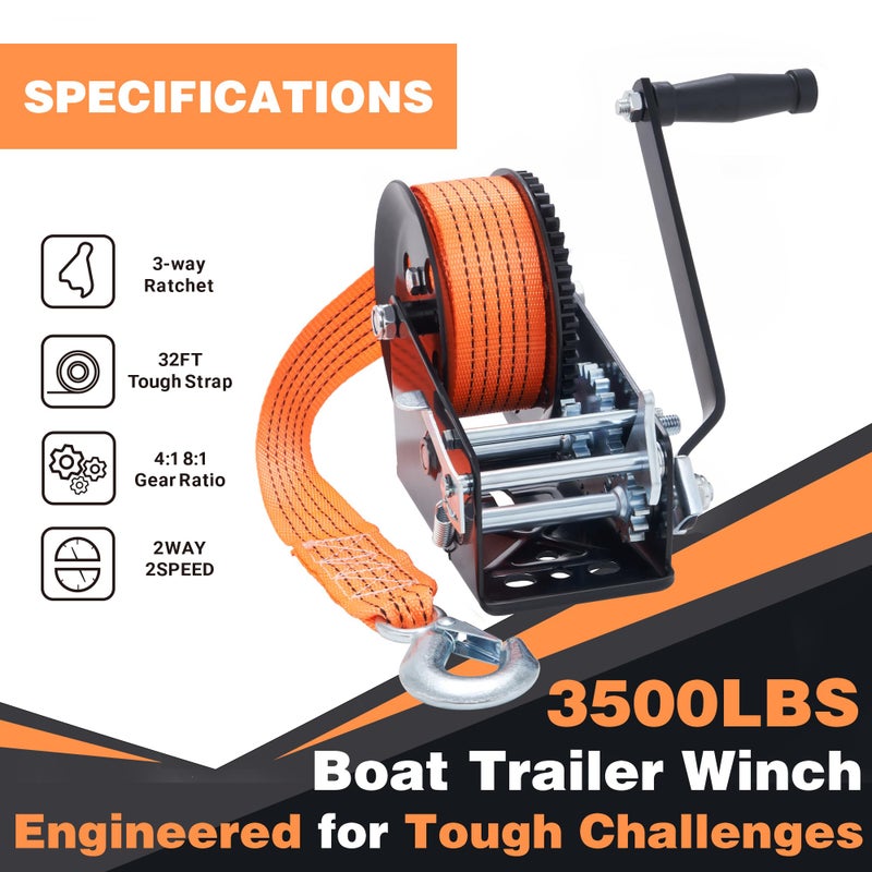 OPENROAD 3500LB Boat Trailer Winch - Heavy Duty Hand Winch with 32 FT Orange Strap, 2-Way Ratchet With 4:1/8:1 Gear - Ideal for Boat, Truck, Trailer, RV, ATV and Jet Ski - Includes Installation Screws - Image 2