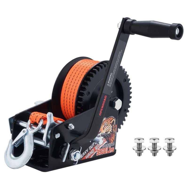 OPENROAD 3500LB Boat Trailer Winch - Heavy Duty Hand Winch with 32 FT Orange Strap, 2-Way Ratchet With 4:1/8:1 Gear - Ideal for Boat, Truck, Trailer, RV, ATV and Jet Ski - Includes Installation Screws - Image 1
