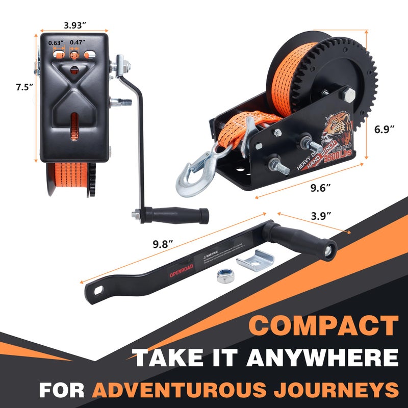 OPENROAD 3500LB Boat Trailer Winch - Heavy Duty Hand Winch with 32 FT Orange Strap, 2-Way Ratchet With 4:1/8:1 Gear - Ideal for Boat, Truck, Trailer, RV, ATV and Jet Ski - Includes Installation Screws - Image 5