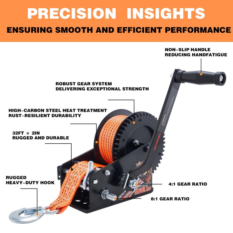 OPENROAD 3500LB Boat Trailer Winch - Heavy Duty Hand Winch with 32 FT Orange Strap, 2-Way Ratchet With 4:1/8:1 Gear - Ideal for Boat, Truck, Trailer, RV, ATV and Jet Ski - Includes Installation Screws - Image 3