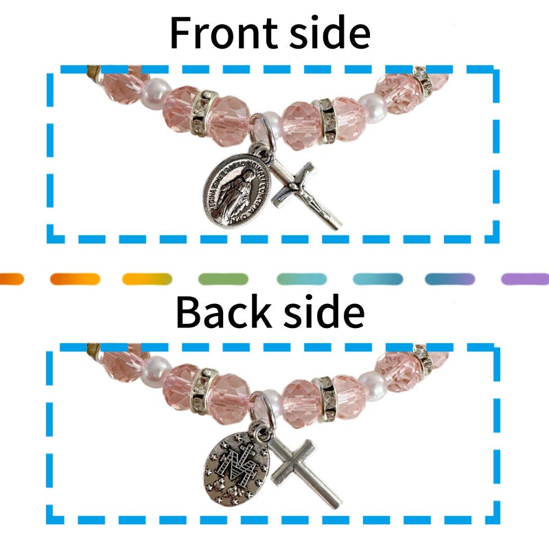 Bovemee 2Pcs Handmade String Miraculous Medal Pink Virgin Mary Bracelets, Crucifix Cross Red Rosary Bracelet Catholic Gift for Women Men (Pink) - Image 3