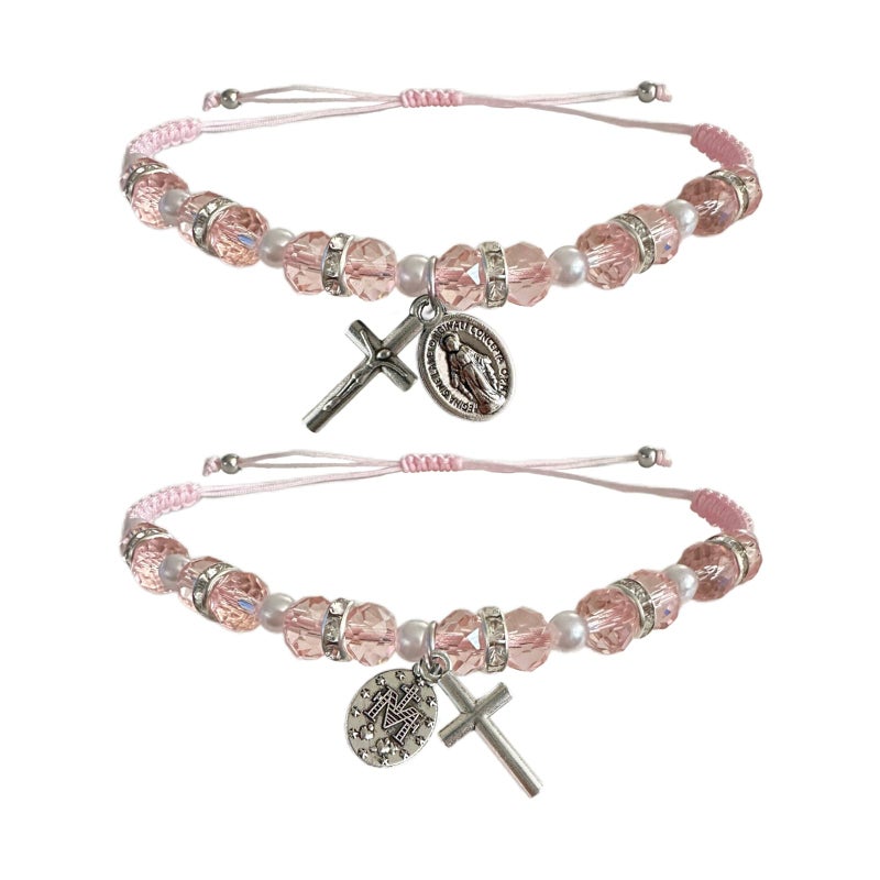 Bovemee 2Pcs Handmade String Miraculous Medal Pink Virgin Mary Bracelets, Crucifix Cross Red Rosary Bracelet Catholic Gift for Women Men (Pink) - Image 1