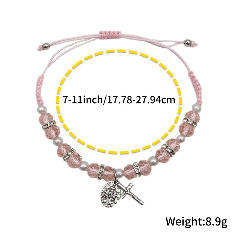 Bovemee 2Pcs Handmade String Miraculous Medal Pink Virgin Mary Bracelets, Crucifix Cross Red Rosary Bracelet Catholic Gift for Women Men (Pink) - Image 4