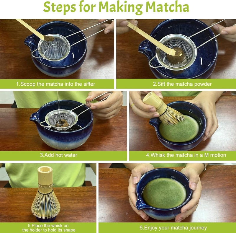 GEXHSRGD Matcha Whisk Set 6 pc Kit - Traditional Japanese Chasen, Bamboo Whisk Holder, Ceramic Bowl with Spout, Sifter & 2 pc Spoons - matcha kit set, Gift for Matcha Tea Lovers (Gradient Blue) - Image 5