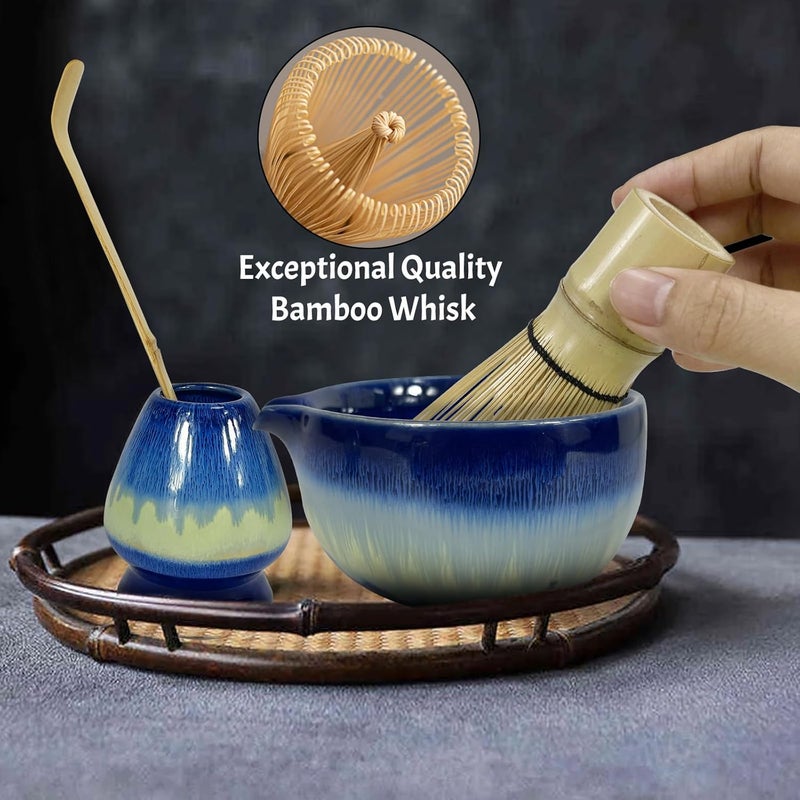 GEXHSRGD Matcha Whisk Set 6 pc Kit - Traditional Japanese Chasen, Bamboo Whisk Holder, Ceramic Bowl with Spout, Sifter & 2 pc Spoons - matcha kit set, Gift for Matcha Tea Lovers (Gradient Blue) - Image 4