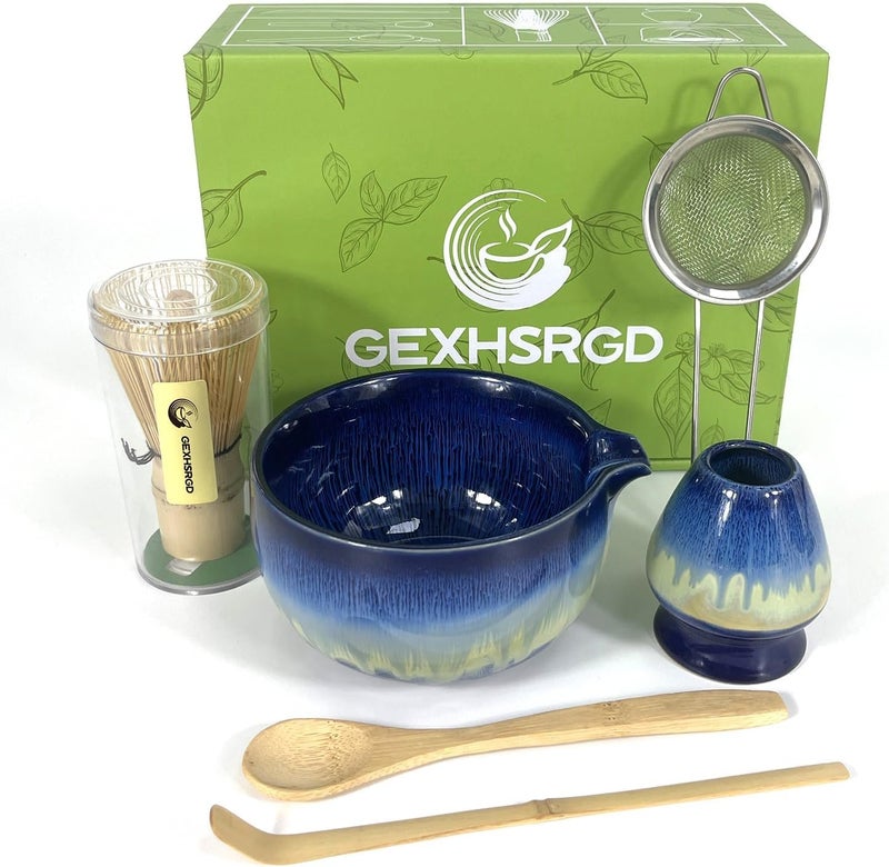 GEXHSRGD Matcha Whisk Set 6 pc Kit - Traditional Japanese Chasen, Bamboo Whisk Holder, Ceramic Bowl with Spout, Sifter & 2 pc Spoons - matcha kit set, Gift for Matcha Tea Lovers (Gradient Blue) - Image 1