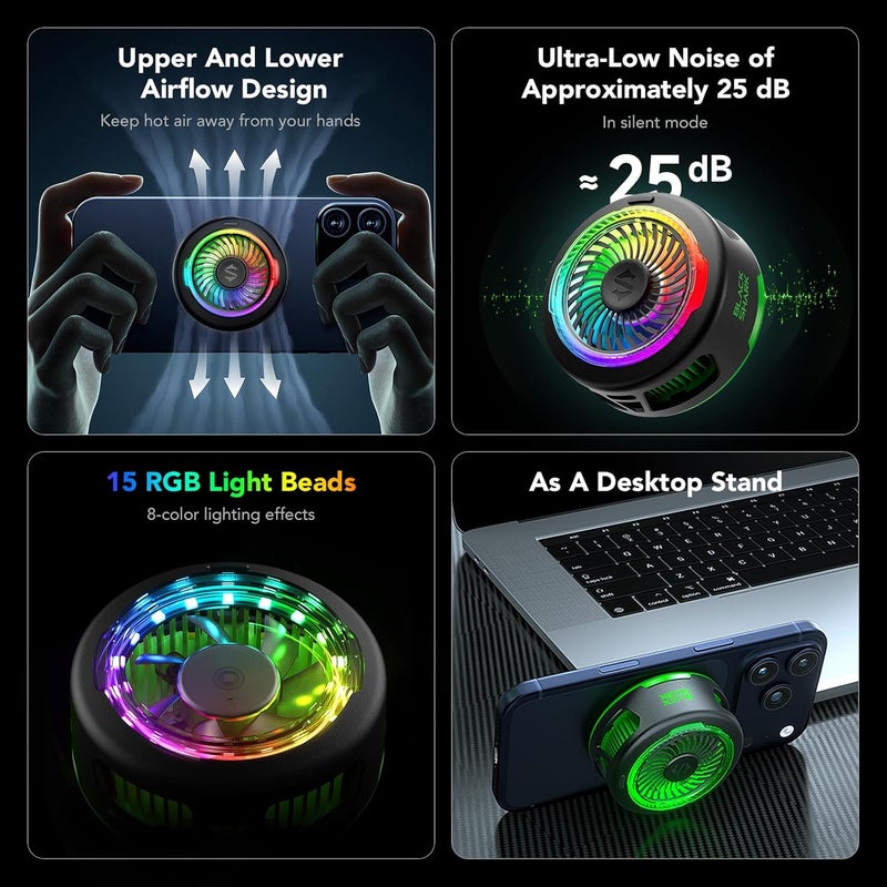 بلاك شارك مبرد هاتف Black Shark FunCooler 5 المغناطيسي، مروحة تبريد محمولة للهواتف المحمولة مع إضاءة RGB، مرشح حراري للهواتف المحمولة من سلسلة iPhone المغناطيسية/Android/الأجهزة اللوحية/iPad (اللون الأسود) - Image 4