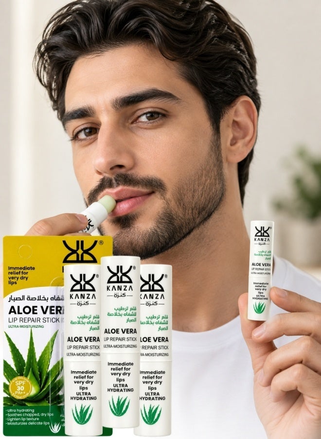Kanza 3 Pcs Aloe Vera Lip Repair Stick Ultra Moisturizing Aloevera Lip Balm SPF 30++ Moisturizing Aloevera Lip Balm for Men Very Dry Cracked Lips, Moisturizing and Smooth Daily Lip Moisturizer Lip Repair for Men and Women 2.7gx3 - Image 1
