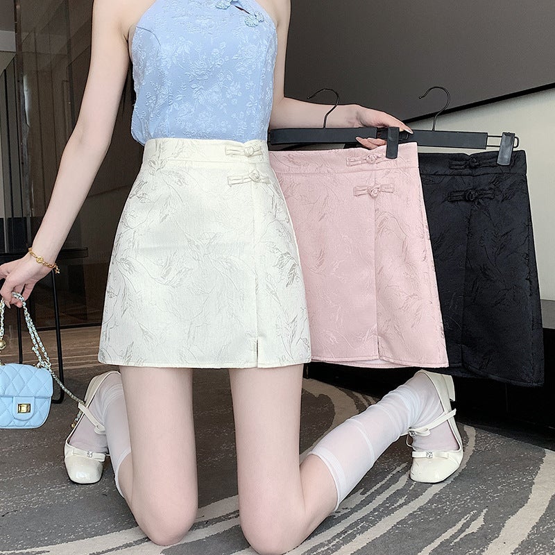 New Chinese-Style Jacquard Women''s Skirt with Traditional Chinese Buttons, High-Waisted, Slimming, Hip-Hugging A-Line Short Skirt for Spring and Summer - Image 2