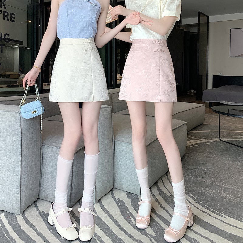 New Chinese-Style Jacquard Women''s Skirt with Traditional Chinese Buttons, High-Waisted, Slimming, Hip-Hugging A-Line Short Skirt for Spring and Summer - Image 3