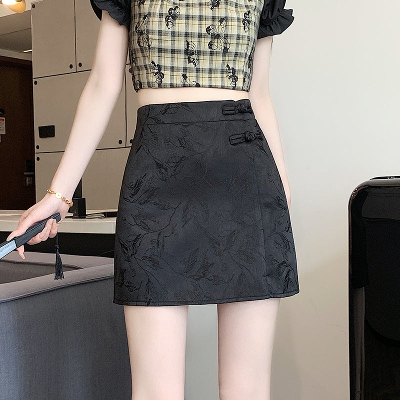 New Chinese-Style Jacquard Women''s Skirt with Traditional Chinese Buttons, High-Waisted, Slimming, Hip-Hugging A-Line Short Skirt for Spring and Summer - Image 1