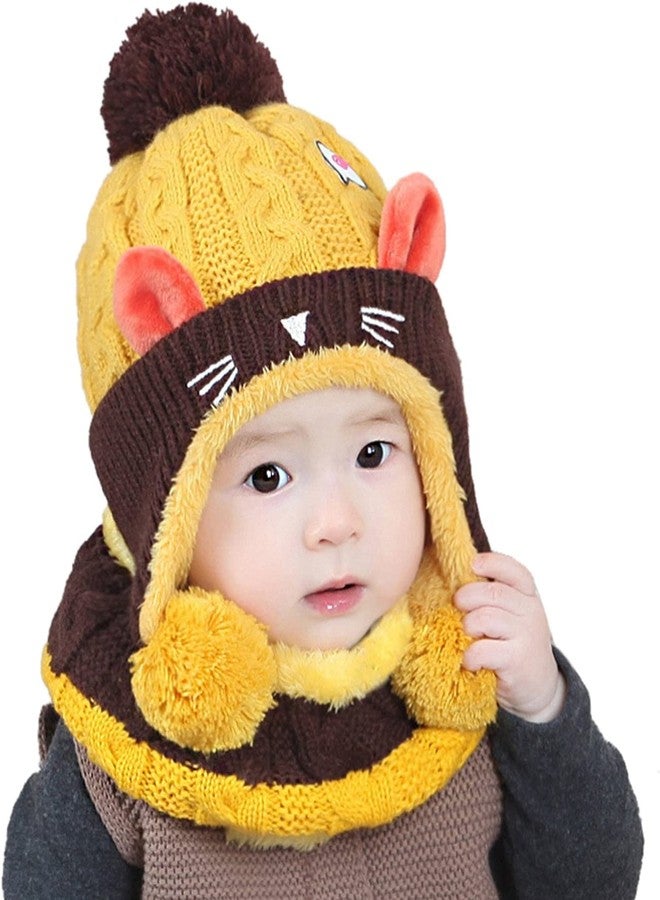 Malvina Unisex Baby Kids Hats Handmade Knitted Scarf Hats & Caps Toddler Knitted Hoodie Winter Head Scarf Neck Warmer Cute Cat Hooded Scarf Hats Soft Plush Lining for 6 Months-2 Years (Yellow) - Image 1